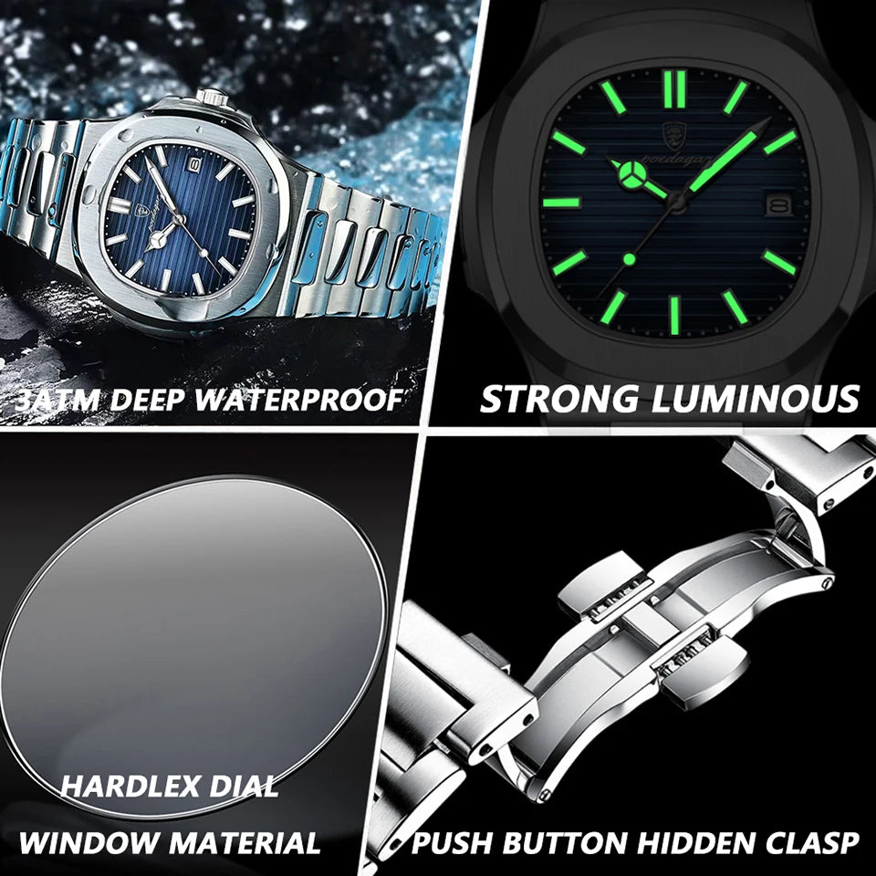 POEDAGAR Luxury Watch Business Waterproof Male Clock Luminous Date Stainless Steel Square Quartz Men Watch reloj hombre 2024 New