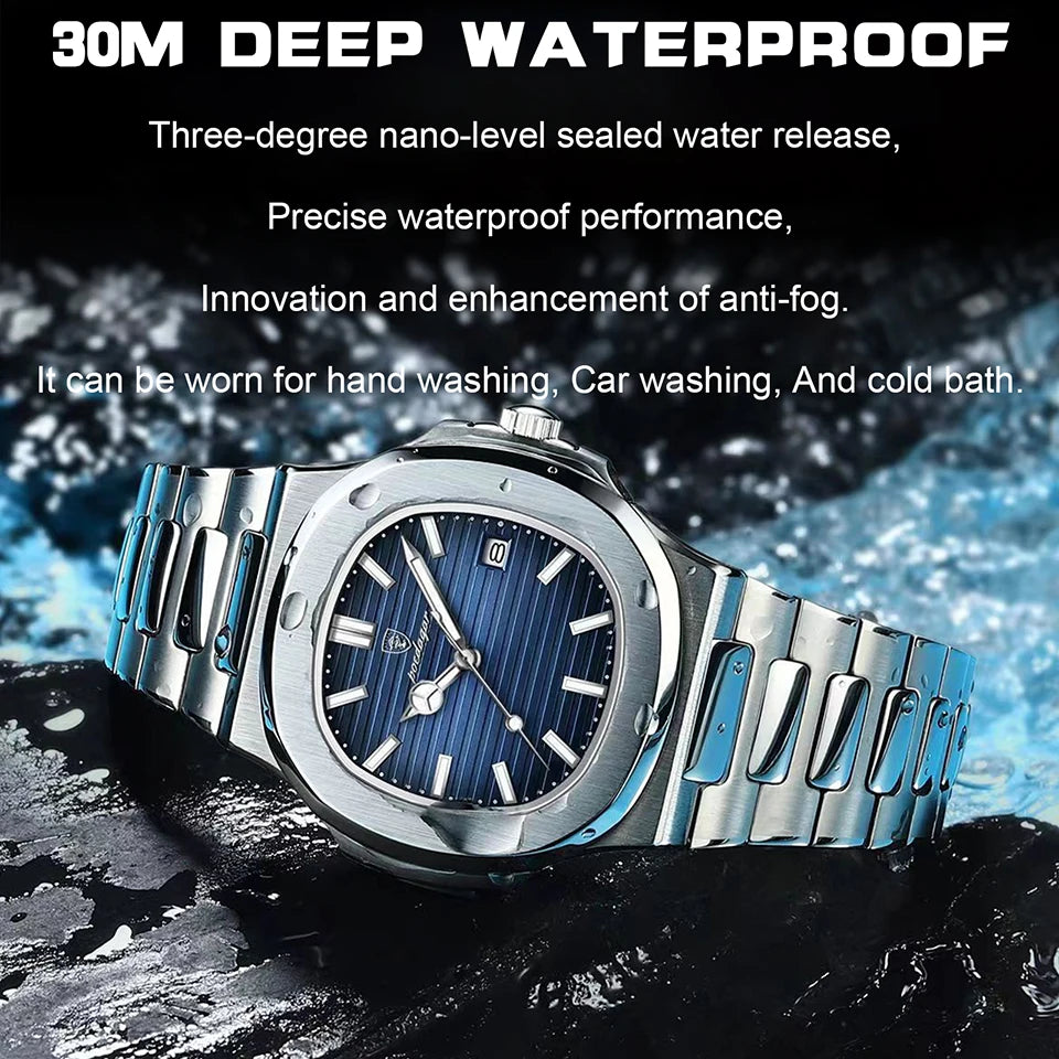 POEDAGAR Luxury Watch Business Waterproof Male Clock Luminous Date Stainless Steel Square Quartz Men Watch reloj hombre 2024 New